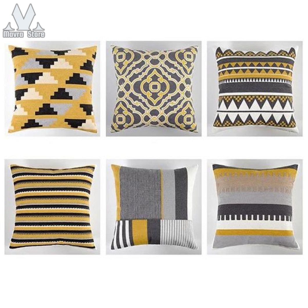 Traditional Style Cushion Yellow Grey 6 Pcs