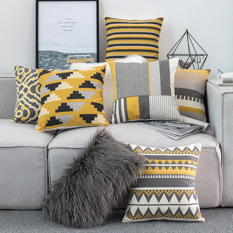 Traditional Style Cushion Yellow Grey 6 Pcs